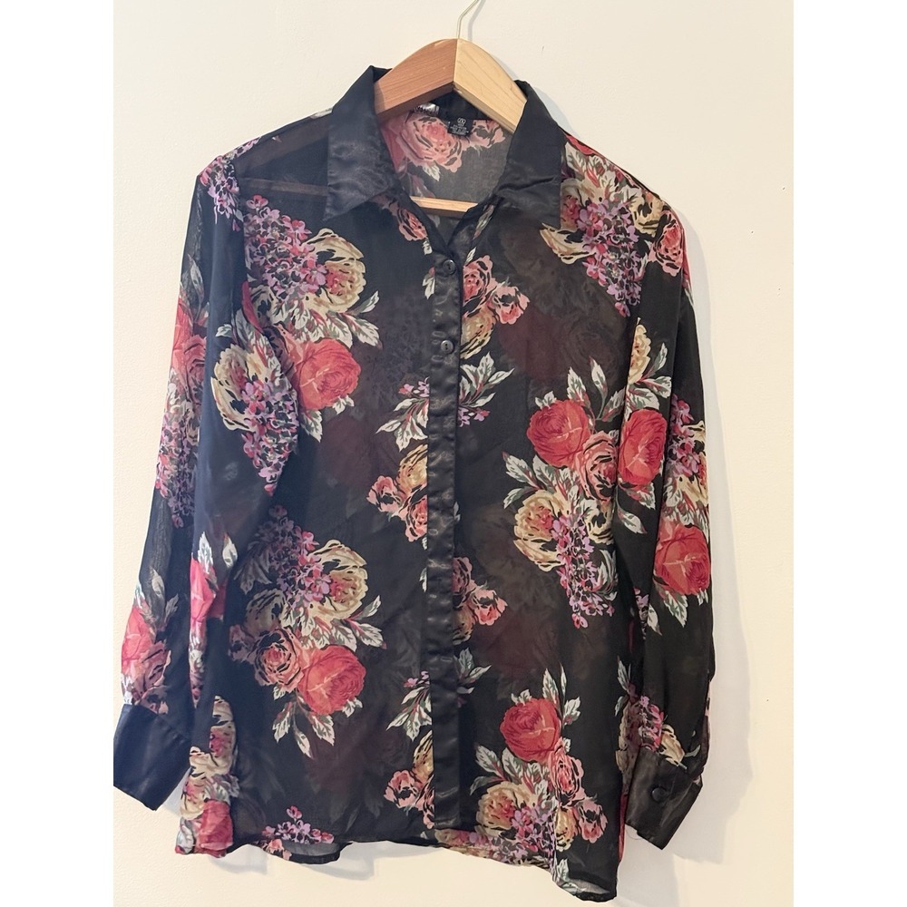 Cassee's‎ Women's 2X Sheer Floral Chiffon Button-Up Blouse Black Long Sleeve